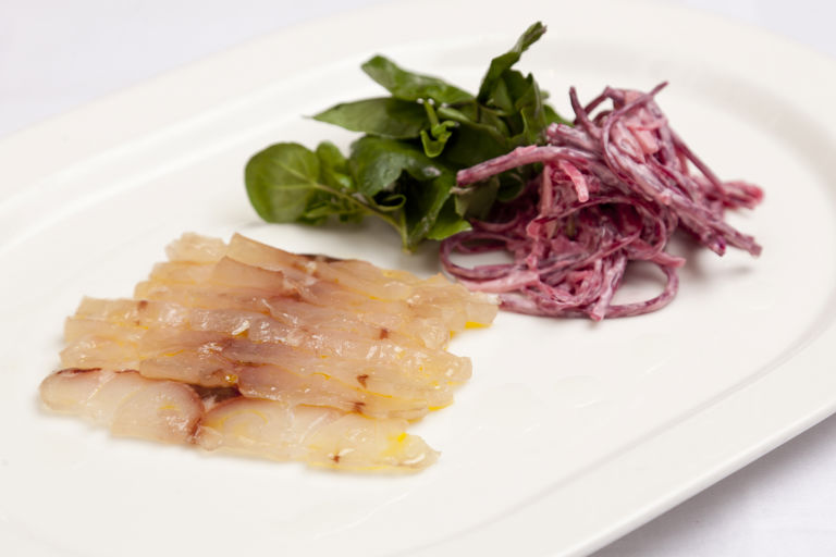 Meantime-cured bass with apple and beetroot salad