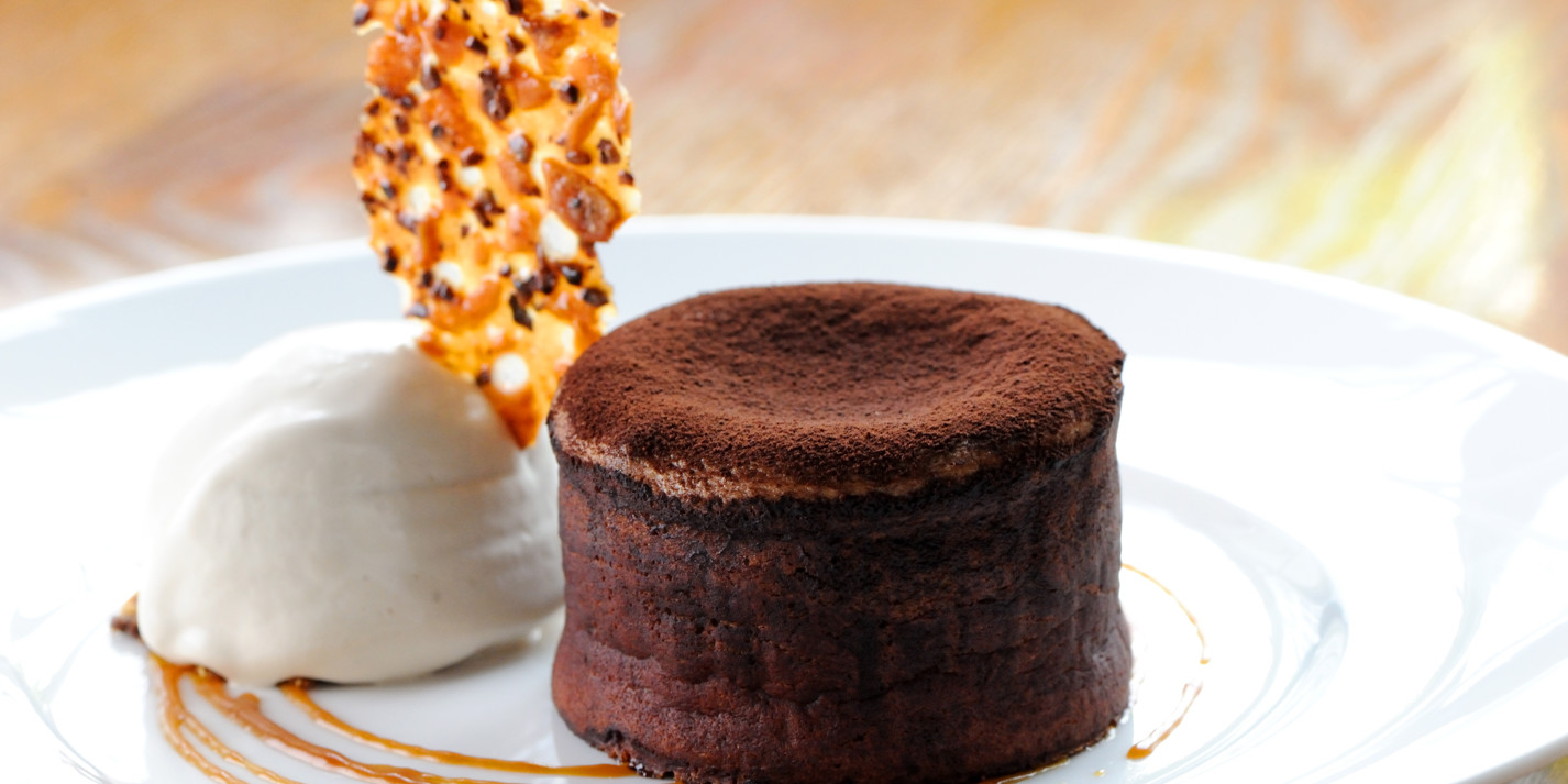 Chocolate fondant with nougatine biscuit and toffee sauce-image
