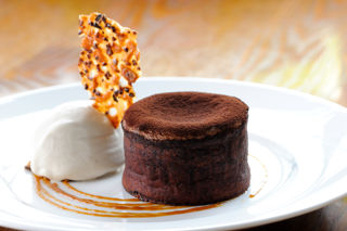 Chocolate fondant with nougatine biscuit and toffee sauce