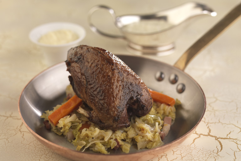 Roast grouse with braised cabbage, celeriac purée and sauce Albert