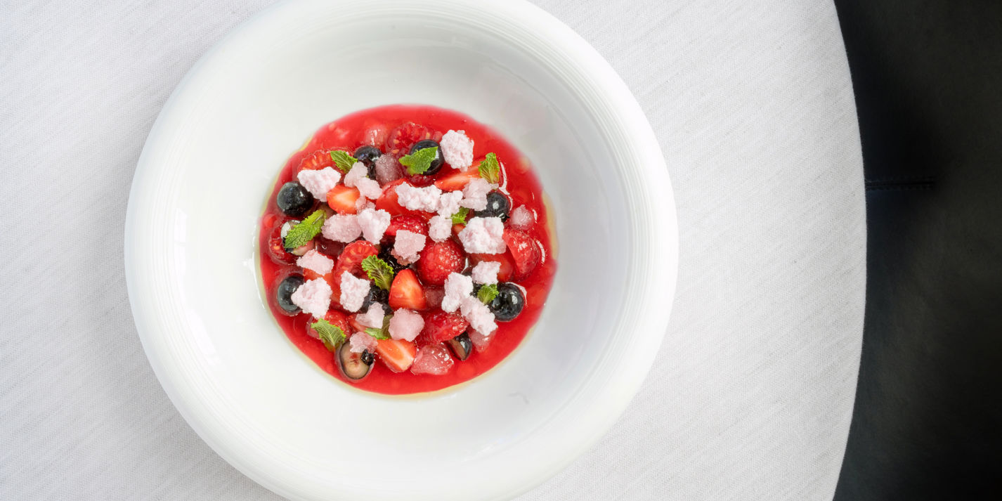 Red Berry and Hibiscus Soup, Iced Rosé Shavings Recipe - Great British Chefs