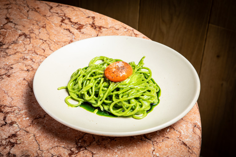 Wild garlic and spinach chitarra