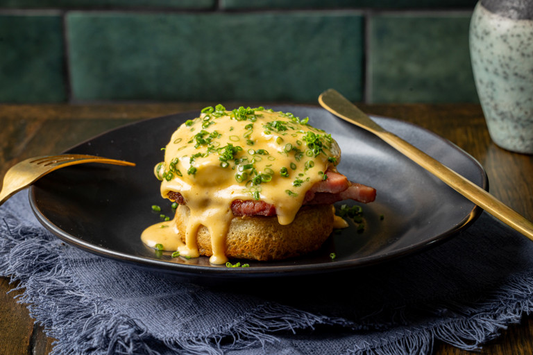 Eggs ‘Benedicts’ with crispy pork belly and homemade crumpets