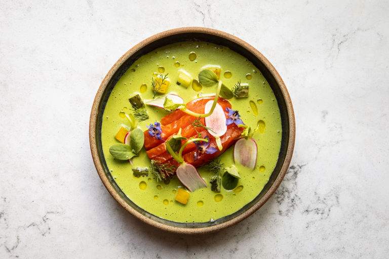 Sea trout, cucumber and dill gazpacho, kefir, radish, borage