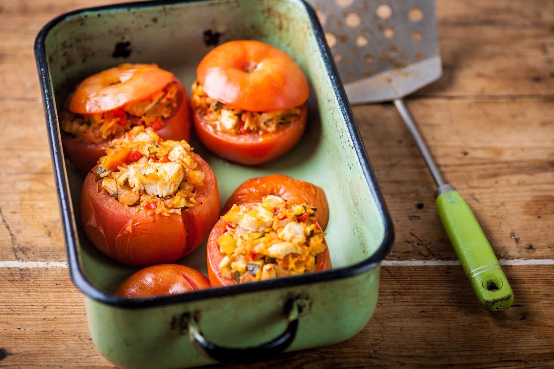 Halal ground turkey stuffed tomatoes Mediterranean-style for light elegant no-oven summer dinner