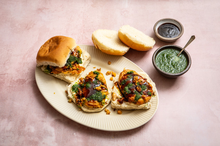 Chaat masala potato fritter in a morning roll