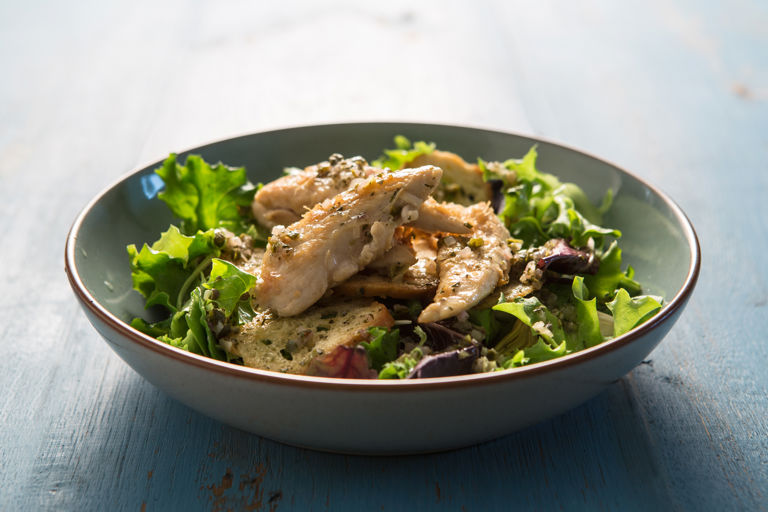 Warm lemon and rosemary chicken salad with a shallot and caper dressing