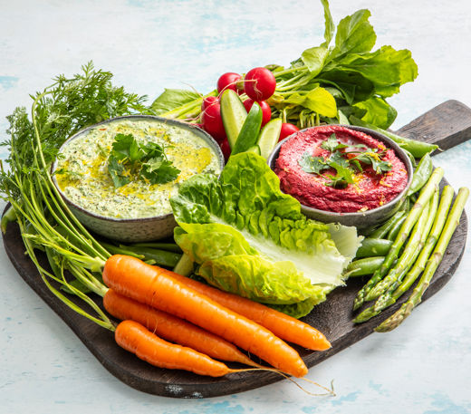 Spring crudité platter with seasonal dip duo