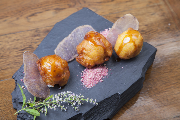 Picarones, chancaca honey and fresh cheese