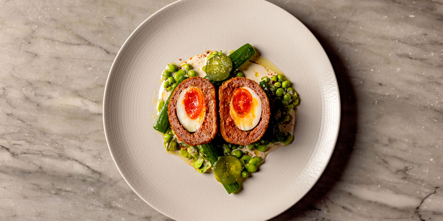 Lamb Scotch Egg, Broad Beans, Pea and Pickled Cucumber Salad, Tahini Yoghurt Recipe - Great British 