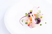 Three Beets, Yellow, Red & Candied, Pickles Shallot Hearts, Horseradish, Herbs and Flowers