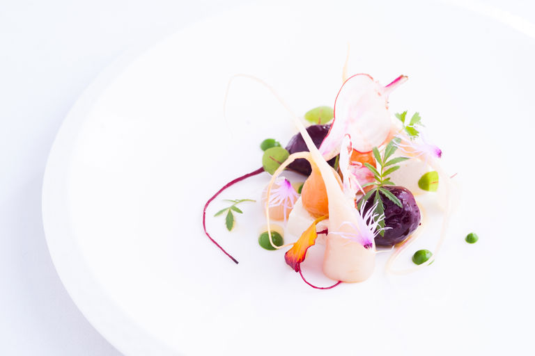 Three Beets, Yellow, Red & Candied, Pickles Shallot Hearts, Horseradish, Herbs and Flowers
