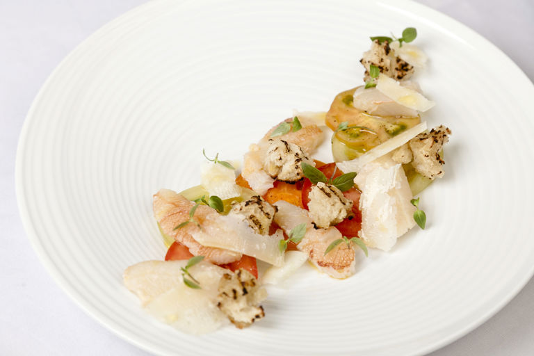 Crab with Heritage tomatoes, aged Parmesan and baby basil