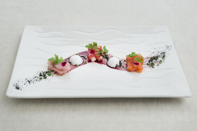 Raw fish – mixed sashimi with margarita mousse, wafers and port reduction