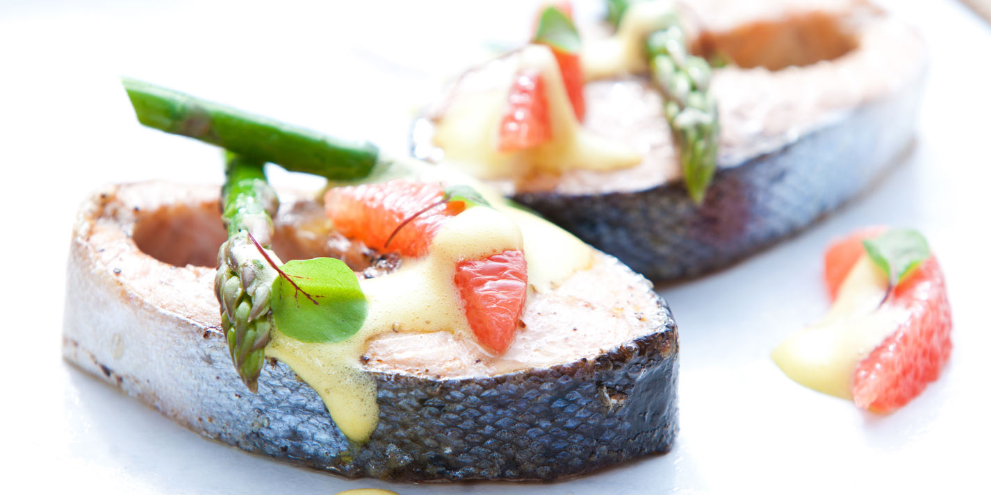 Sea Trout, Asparagus & Pink Grapefruit Sabayon - Great British Chefs