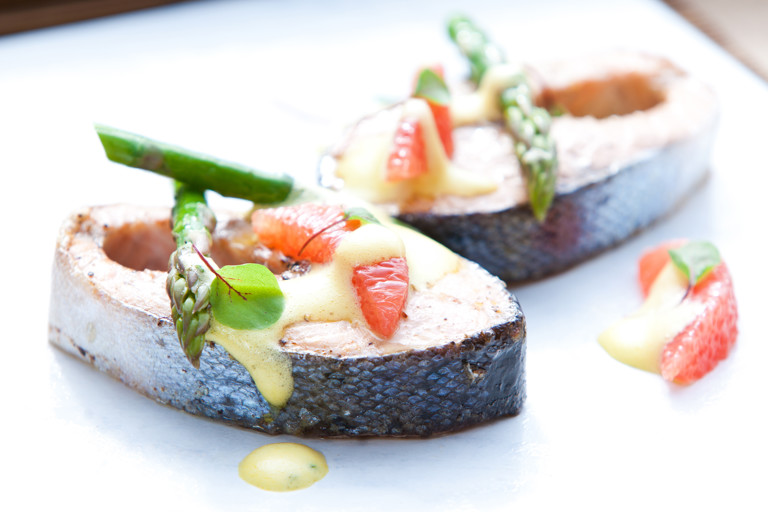 Sea trout with asparagus and pink grapefruit sabayon
