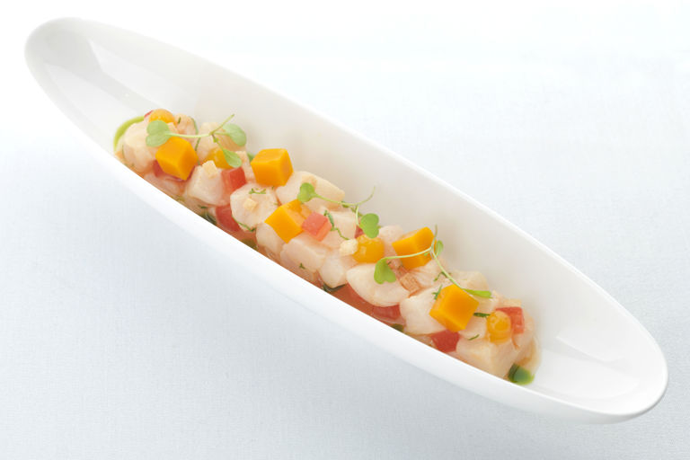 Halibut ceviche with mango and passion fruit