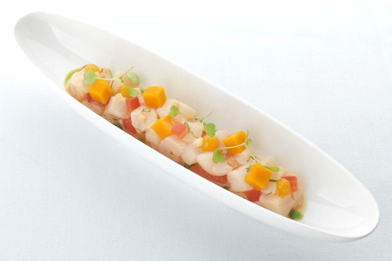 Halibut ceviche with mango and passion fruit