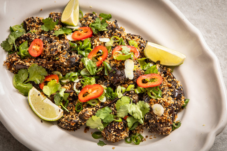 Miso-glazed baby aubergines with sesame crunch