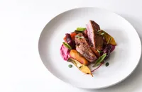 Duck breasts with root vegetables and beetroot puree