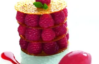 Raspberry nougatine, pistachio cream and raspberry reduction