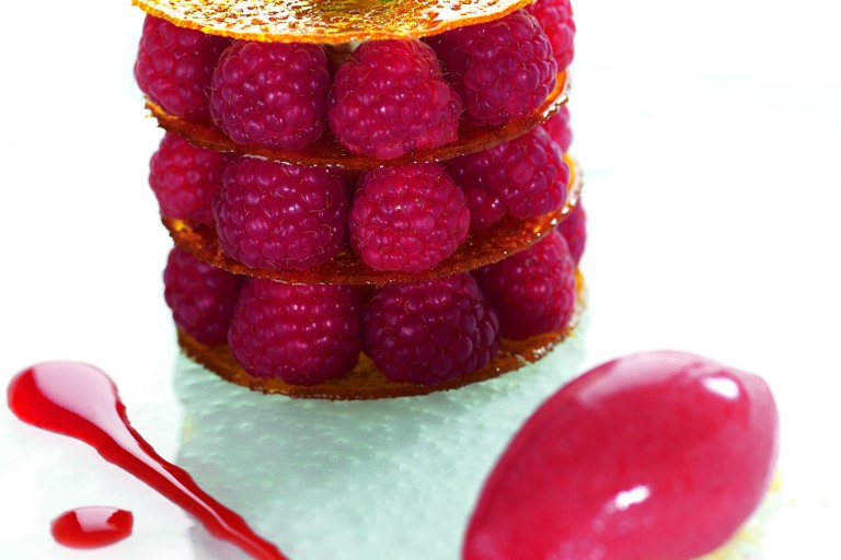 Raspberry nougatine, pistachio cream and raspberry reduction