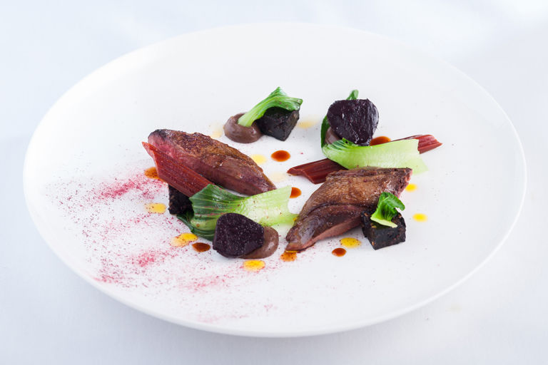 Roast wood pigeon with black pudding and baby beets