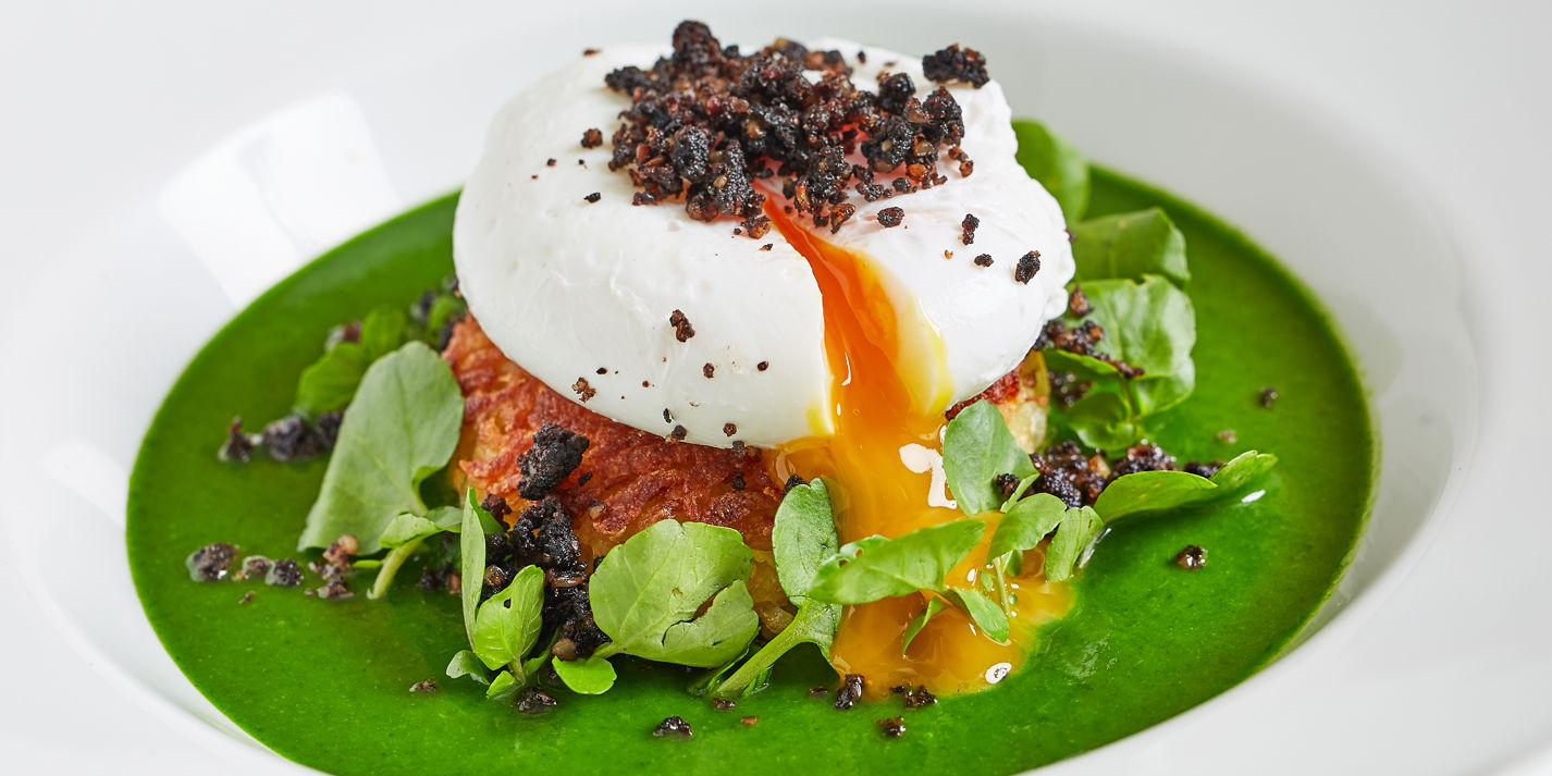 Watercress Soup, Potato Rösti, Poached Egg and Black Pudding Recipe - Great British Chefs