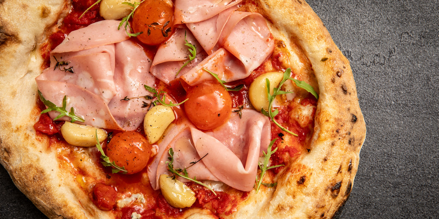 Mortadella and Confit Garlic Pizza with Sriracha-Cured Egg Yolks Recipe - Great British Chefs