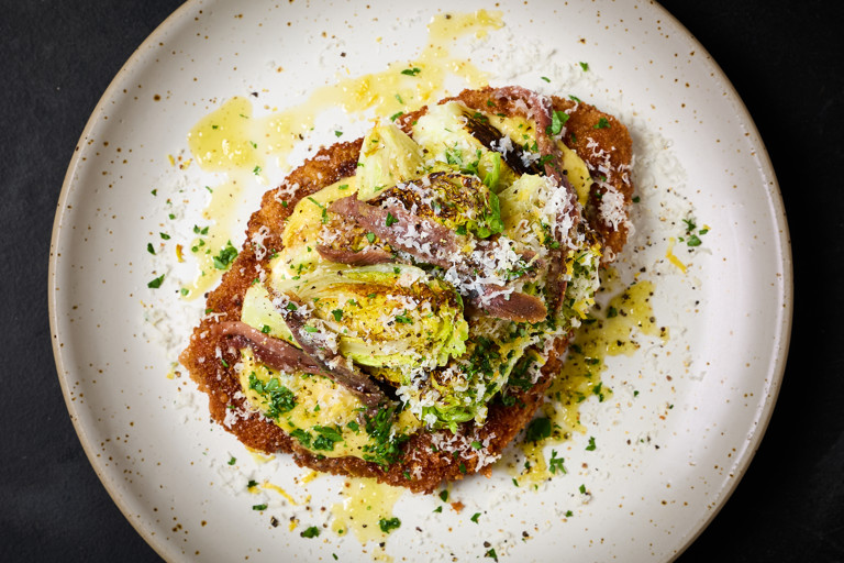 Pork caesar schnitzel