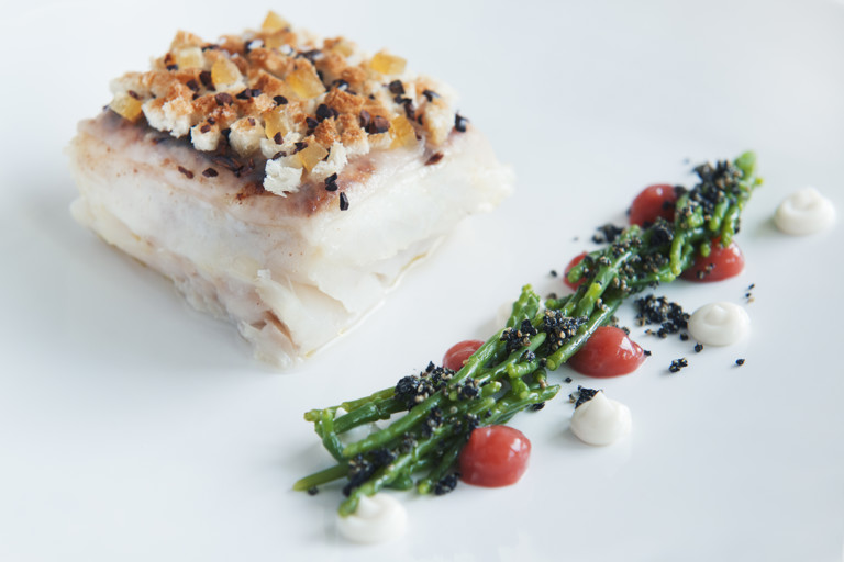 Turbot au gratin with citron, cocoa nibs, lardo, sea asparagus and rhubarb compote recipe