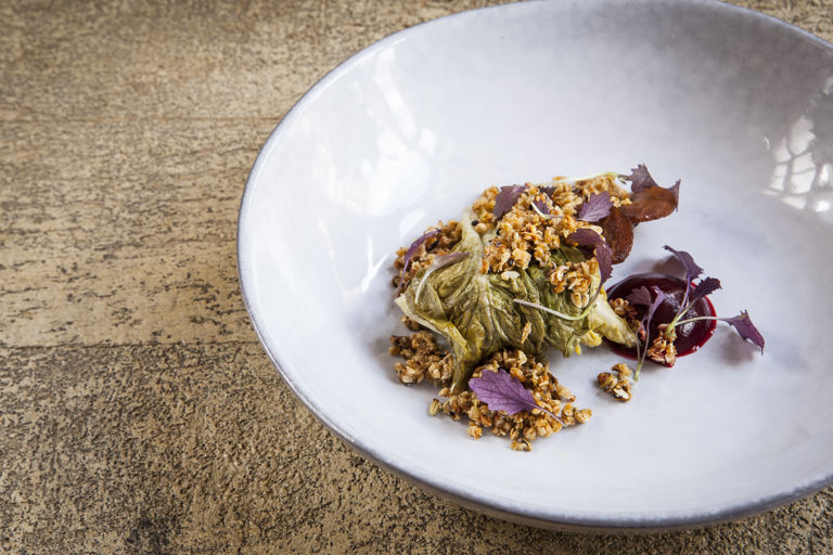 Wood pigeon with baby gem, mouli, port and granola
