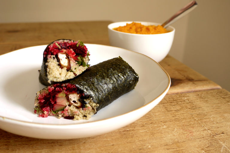 Sesame tofu nori wraps with carrot and ginger dipping sauce