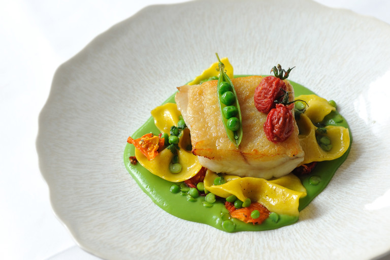 Brill, English peas, heirloom tomatoes, farfalle