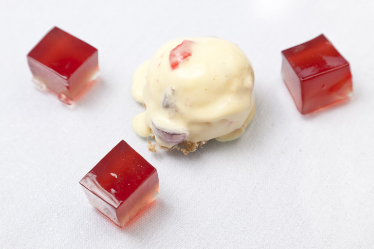 Port and claret jelly with tutti-frutti ice cream