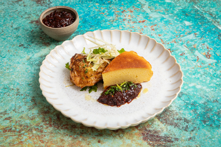 Roast chicken thighs with cornbread and smoky tomato chutney