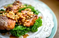 Teriyaki salmon, kale and barley salad