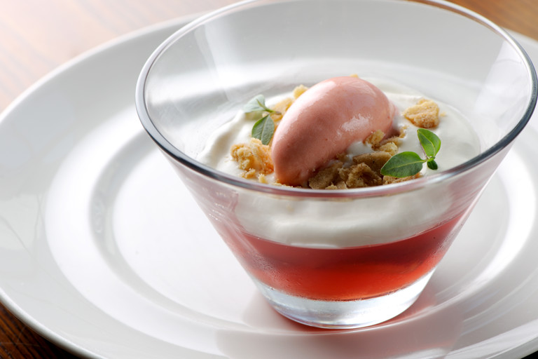 Strawberry jelly with elderflower cream and strawberry sorbet