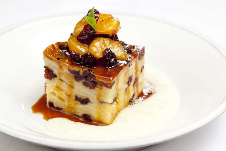 White chocolate and cranberry bread and butter pudding