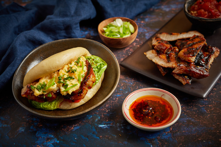 Char Siu pork belly ‘breakfast’ bao with egg, smoky tomato relish and coriander 