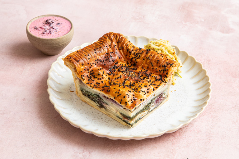 Rainbow chard, blackberry and Wensleydale picnic traybake pie