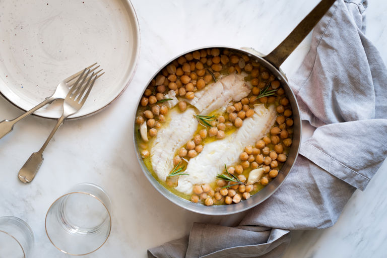 Poached cod with chickpeas and rosemary