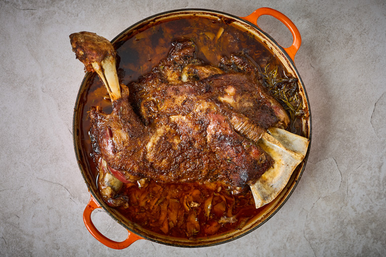 Slow-braised spiced hogget shoulder with rose harissa and artichokes