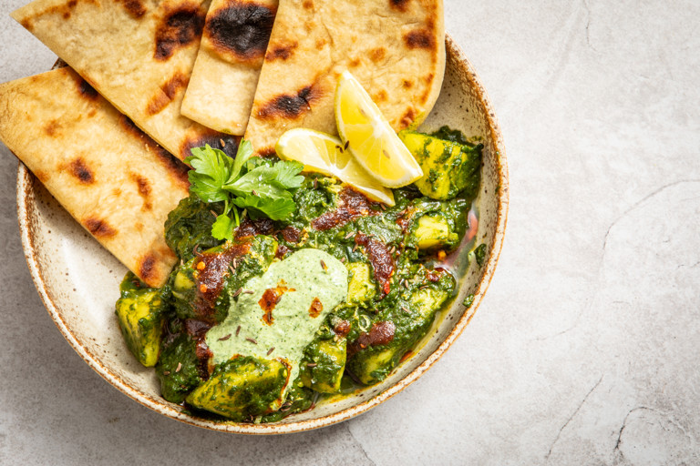 Aloo palak with soft potato flatbreads