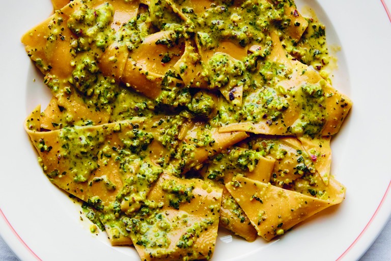 Stracci with pistachio, mint and basil pesto