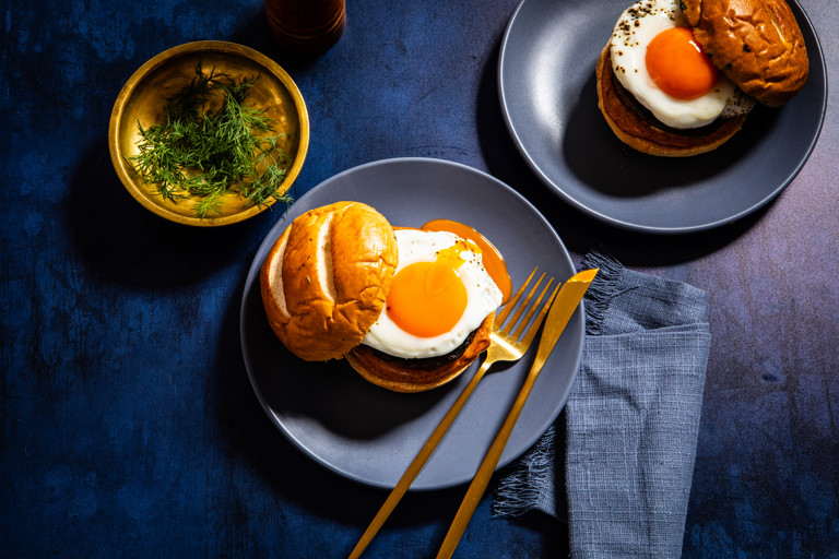 Black pudding, egg and mushroom breakfast baps