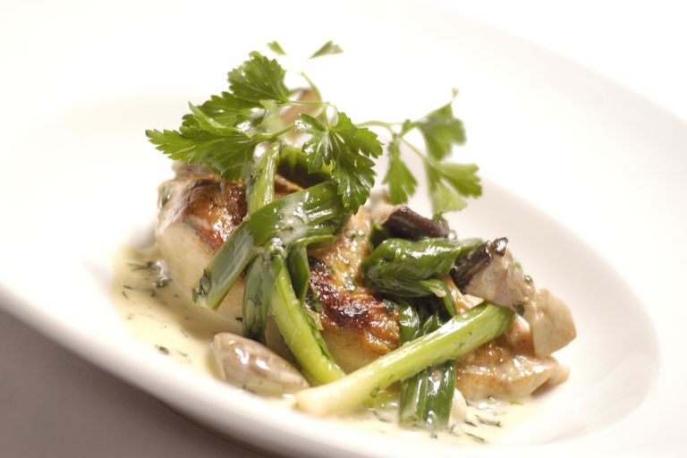 Corn-fed chicken with wild mushrooms and leeks