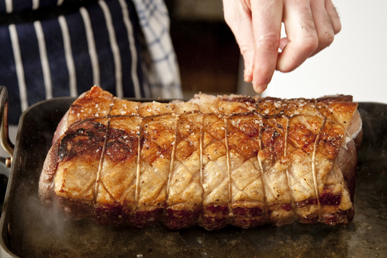 Roast beef recipe with mushrooms, brandy and roasted potatoes