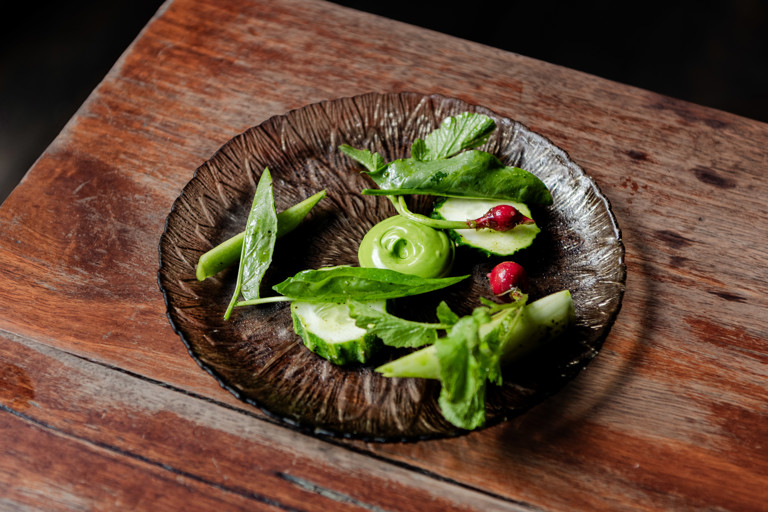 Vegetable plate, nasturtium emulsion and herb vinegar