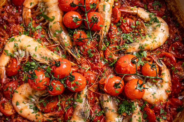 Baked Piccolo tomato rice with prawns and 'nduja